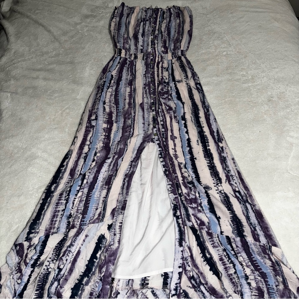 Allison Joy Andy Tie Dye Strapless Button Front Maxi Dress Lilac Purple Small